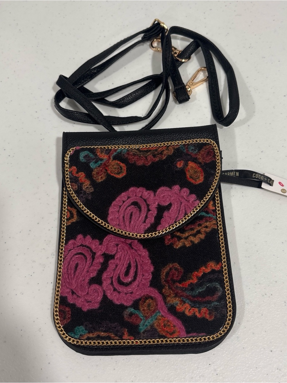 NWT Crossbody Phone Bag — Black with multi color Embroidered Paisley
